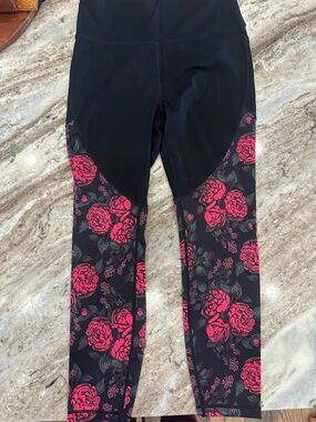 Girls' Black Leggings with Pink Floral Panels - Classic Activewear